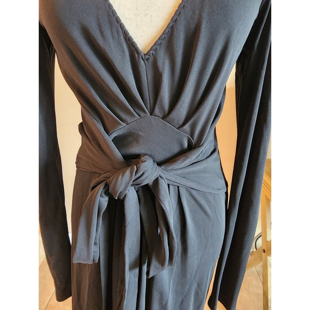 Elie Tahari Black Deep V-Neck Midi Dress Women's Front Tie Sexy - Picture 6 of 12